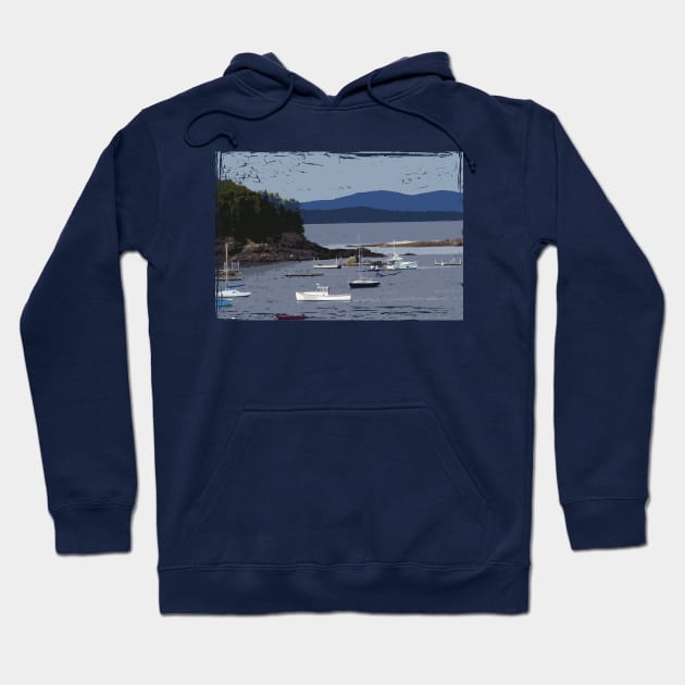 Lispe Bar Harbor with Boats and Mountains Hoodie by Lispe